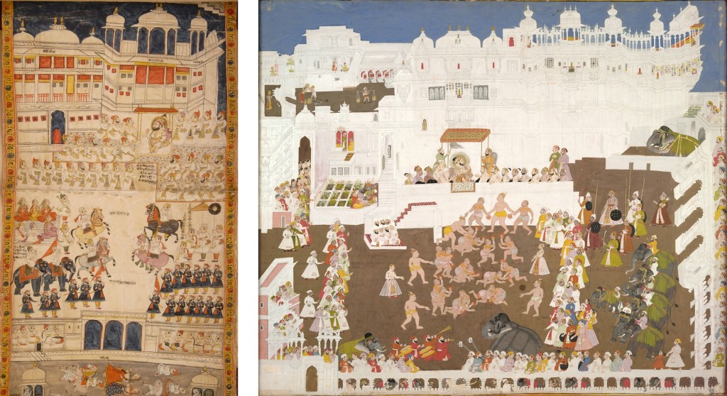 LEFT: Fig. 10. Jawan Singh with his sixteen nobles in a durbar held at the large-assembly hall (bada darikhana) in the palace. Detail of Fig. 1. RIGHT: Fig. 11. Unknown artist, Maharana Sangram Singh II and Durga Das Rathore of Jodhpur watching Jethi wrestlers at Manek Chowk, 1716-18, Opaque watercolor and gold on paper, 82 x 94 cm. Udaipur: City Palace Museum (Accession No. 2012.19.0028) © Image: Courtesy of Museum Archives of the Maharanas of Mewar, MMCF, Udaipur.