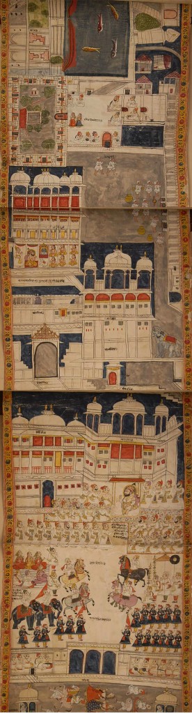 Fig. 12. Udaipur artist’s adaptation of palace environs from horizontal format of court painting within vertical format of scroll. Detail of Fig. 1.