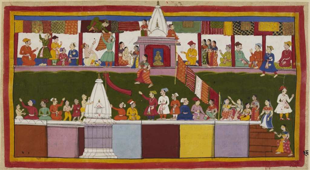 Fig. 16. Sahibdin, Bazaar Street in Ayodhya, Ayodhyakhanda of the Jagat Singh Ramayana, 1650, Opaque watercolor on paper, 23.0 x 39.9 cm. London: The British Library (Add.MS 15296 (1),f.16a) © Image: Courtesy of The British Library Board.