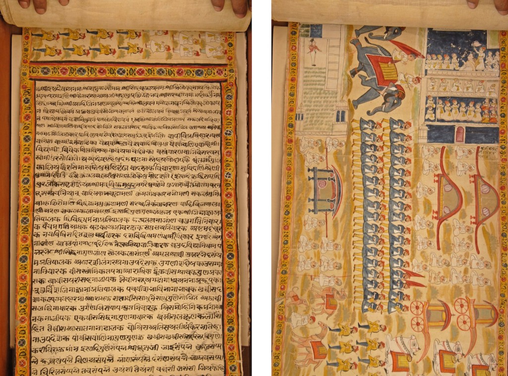 LEFT: Fig. 17. Scribes Pandit Rukhabdas and Khusalchand, Beginning of the textual letter. Detail of Fig. 1. RIGHT: Fig. 18. Troops and palanquins next to the British residency and the assembly of Jain Pontiff Jinharsha Suri. Detail of Fig. 1.