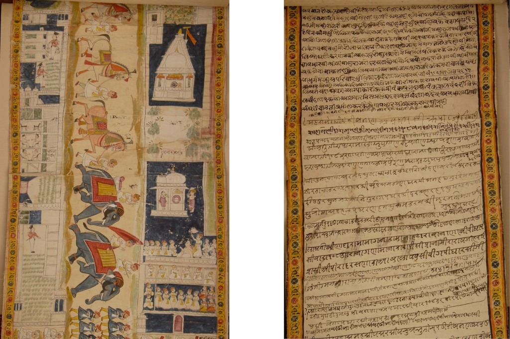 LEFT: Fig. 2. Assembly held by the invited Jain pontiff Jinharsha Suri and the British Residency. Detail of Fig. 1. Udaipur Vijnaptipatra, 1830. RIGHT: Fig. 3. Scribes Pandit Rukhabdas and Khusalchand, End of the textual letter and signatories in a variety of handwritings. Detail of Fig. 1. Udaipur Vijnaptipatra, 1830.