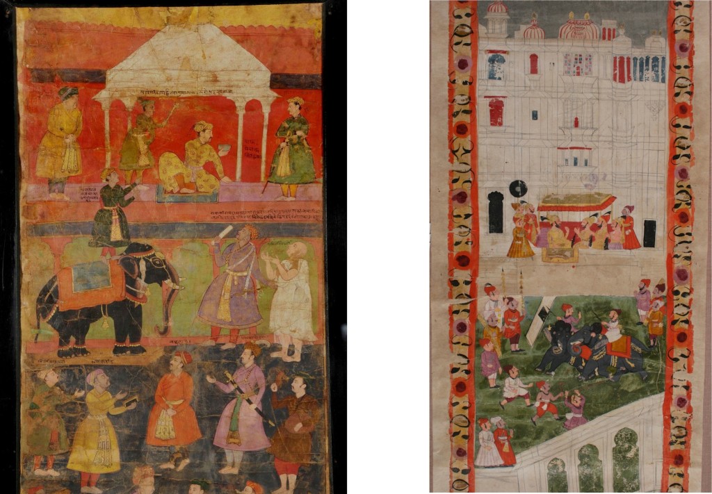 LEFT: Fig. 4. Salivahana, Emperor Jahangir’s proclamation at the request of Jain monks, Detail from Agra Vijnaptipatra, 1610, Opaque Watercolor and ink on paper, 284.7 x 32.2 cm. Ahmedabad: Lalbhai Dalpatbhai Museum (Acc.no.LDII.542 (Detail)). © Image: Courtesy of Lalbhai Dalpatbhai Museum. RIGHT: Fig. 5. Unknown artist, Portrait of Ari Singh in a durbar overlooking the Manek chowk courtyard within his palace, based on contemporaneous Udaipur court paintings, Detail from Udaipur Vijnaptipatra, 1774, Opaque Watercolor, gold and ink on paper, 284.7 x 32.2 cm. Ahmedabad: Lalbhai Dalpatbhai Museum (Acc.no.LDII.Gol.85 (Detail)). © Image: Courtesy of Lalbhai Dalpatbhai Museum.