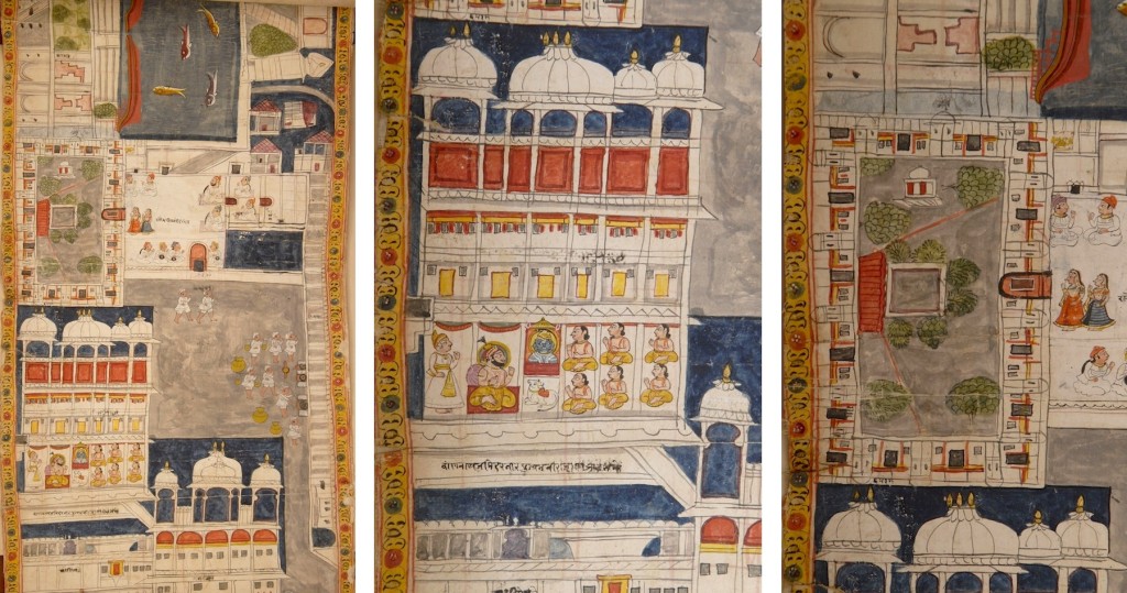 LEFT: Fig. 9. Jawan Singh dinning privately in the dinning hall adjacent to the palace kitchen courtyard. Detail of Fig. 1. CENTER: Fig. 9a. Jawan Singh performing rituals at the court-temple. Detail of Fig. 9. RIGHT: Fig. 9b. Planimetric view of the women’s palace. Detail of Fig. 9.
