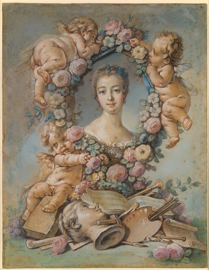 Fig. 16. François Boucher and studio, Madame de Pompadour with Attributes of the Arts, pastel on blue paper, 1754. National Gallery of Victoria, Melbourne. Image: Wikimedia Commons. 