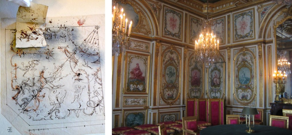 LEFT: Fig. 18. Audran workshop, Arabesque design with tipped-in elements, c. 1710. Nationalmuseum, Stockholm. Image used with permission of Nationalmuseum Stockholm. RIGHT: Fig. 19. Salle du Conseil, château de Fontainebleau, c.1753. Overall design by Ange-Jacques Gabriel, carving by Jacques Verberckt, and paintings by François Boucher, Carle Vanloo, Jean-Baptiste Marie Pierre and Alexis Peyrotte. Image: Wikimedia Commons.