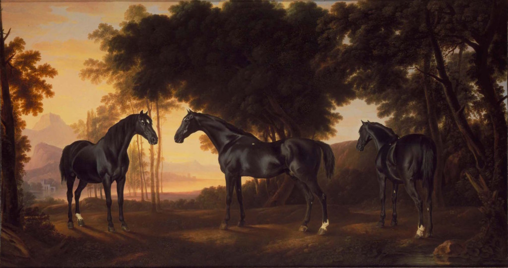 Fig. 7. George Stubbs with additions by another landscapist, The Black Stallion Sampson, Portrayed from Three Angles, oil on canvas, c.1764. Private collection. Image: © Courtesy of C. Simon Dickinson Limited, London.