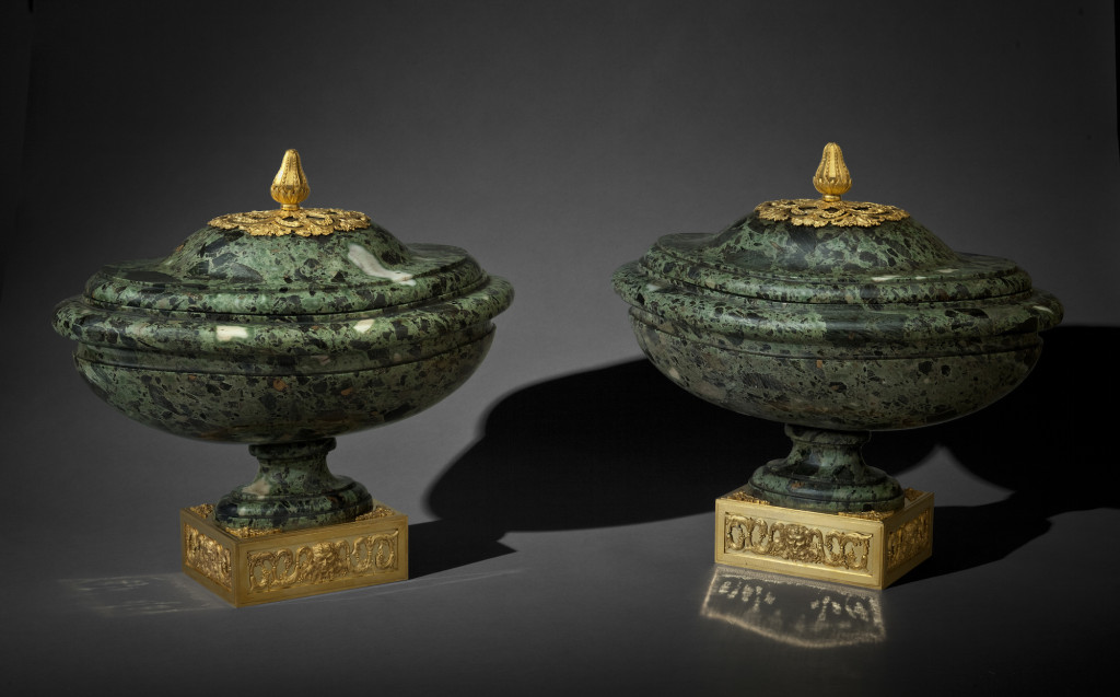 Fig. 6. Pair of verde antico marble vases mounted in gilt bronze, c. 1770. Private collection.