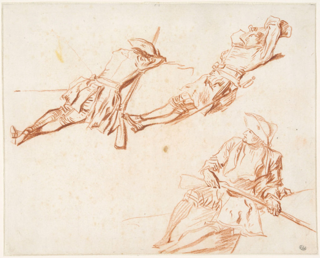 Fig. 2. Jean-Antoine Watteau, Three Studies of Resting Soldiers (recto), ca. 1713–14. Red chalk, 17.5 × 21.7cm. École nationale supérieure des Beaux-Arts, Paris (1608). © Beaux-Arts de Paris, Dist. RMN-Grand Palais / Art Resource, NY.