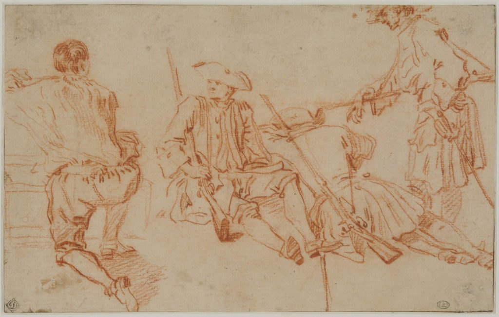 Fig. 4. Jean-Antoine Watteau, Three Studies of a Soldier and a Kneeling Man, ca. 1710. Red chalk, within brown ink framing lines, 12.2 × 19.5 cm. École nationale supérieure des Beaux-Arts, Paris (1605). © Beaux-Arts de Paris, Dist. RMN-Grand Palais / Art Resource, NY.