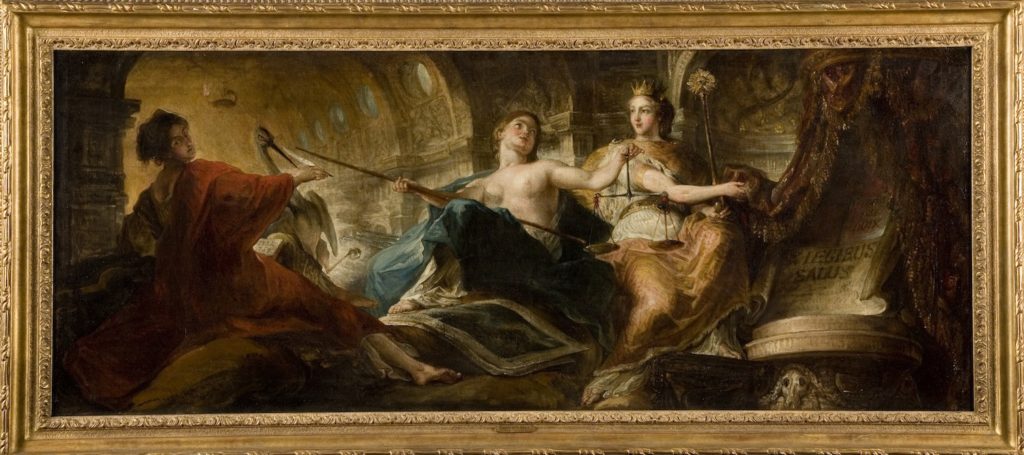 Fig. 1. Gabriel de Saint-Aubin, Allegory of Vigilance, Justice, and Law (Allegory of Law), 1769. Oil on canvas, 48.9 x 122.6 cm. Utah Museum of Fine Arts, University of Utah, Salt Lake City. © Image courtesy of Utah Museum of Fine Arts, University of Utah, Salt Lake City.