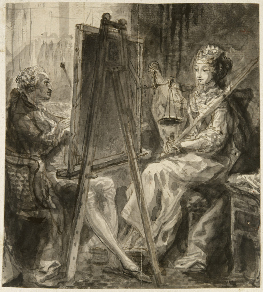 Fig. 4. Gabriel de Saint-Aubin, Gabriel de Saint-Aubin Painting an Allegory of Justice (recto), 1768. Brown ink, wash and pen, 16 x 14.5 cm. Musée du Louvre, Département des Arts Graphiques, Paris. © RMN-Grand Palais / Art Resource, NY. Photo by Thierry Le Mage.