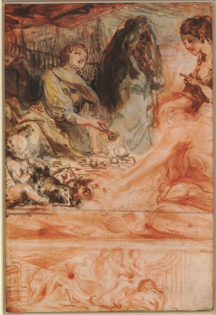 Fig. 5. Gabriel de Saint-Aubin, Study for an allegorical overdoor (recto), ca. 1769. Red chalk with stumping, black and blue chalk, brush and brown, gray, and blade wash, touches of gouache, 218 x 148 mm. The British Museum, London. © Image courtesy of The British Museum, London, www.britishmuseum.org.