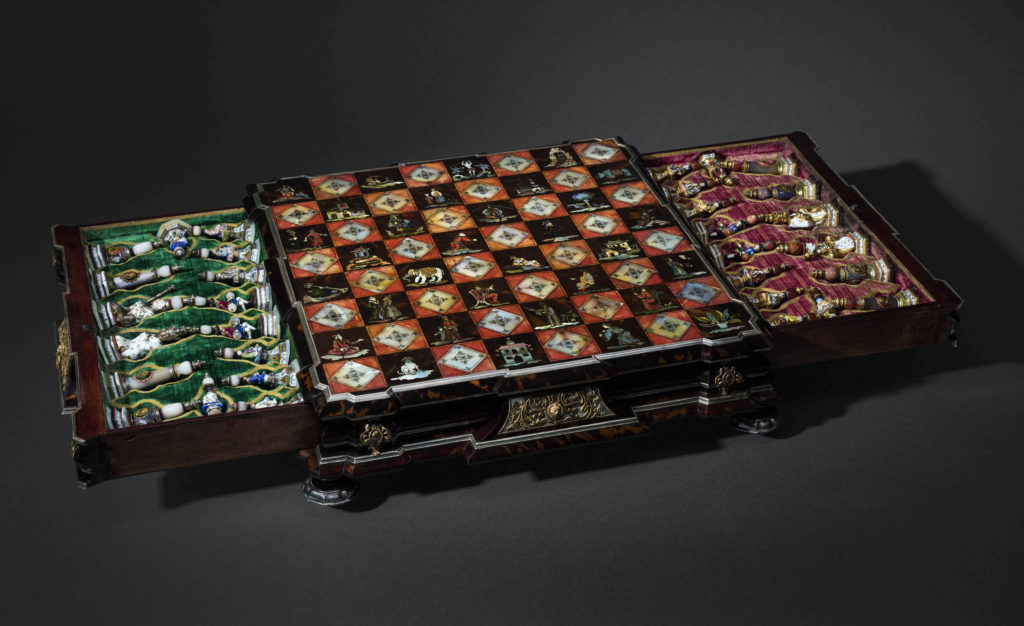 Fig. 10. Heinrich Eichler the Elder, Johannes Mann, and Emanuel Eichel, Chessboard, Augsburg, ca. 1715-1720. Natural and stained mother-of-pearl, stained horn, ivory, brass, copper and pewter, 11.5 x 48 x 48.5 cm. Galerie Kugel, Paris. Photo: © Galerie Kugel, Paris.