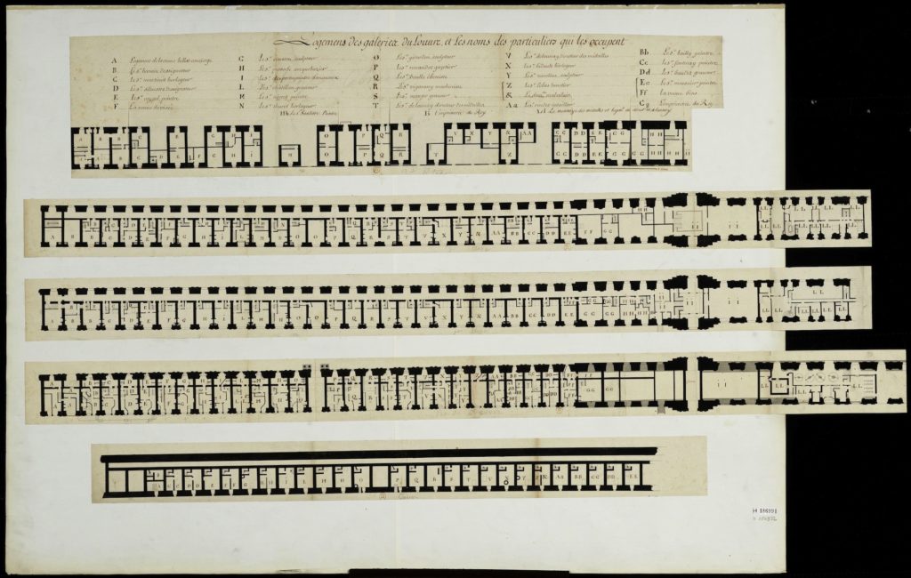 Fig. 1. Unknown draughtsman, Logemens des galeries du Louvre et les noms des particuliers qui les occupent, c. 1710. Pen and ink. Bibliothèque nationale de France, Paris. © Bibliothèque nationale de France. Rouquet’s lodging is designated L on the plan.