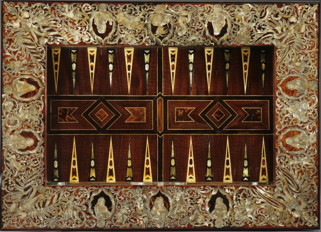 Fig. 3. Game table of Kürfurst Max Emanuel von Bayern Augsburg (workshop unknown), ca. 1683-1692. Oak, spruce, ebony, tortoise shell, mother of pearl, 76.2 x 104.0 x 75.0 cm. Bayerisches Nationalmuseum, Munich. Photo: © Bayerisches Nationalmuseum, Munich.