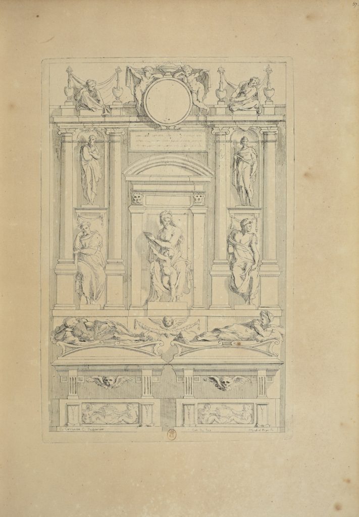 Fig. 3. Charles Coypel and comte de Caylus, after a drawing attributed to Michelangelo, Study for a Medici Tomb in San Lorenzo. Etching and engraving, 30.5 x 19.8 cm. Bibliothèque Nationale de France, Paris, inv. No. E. 98b, in fol., p. 415. © Bibliothèque Nationale de France, Paris.