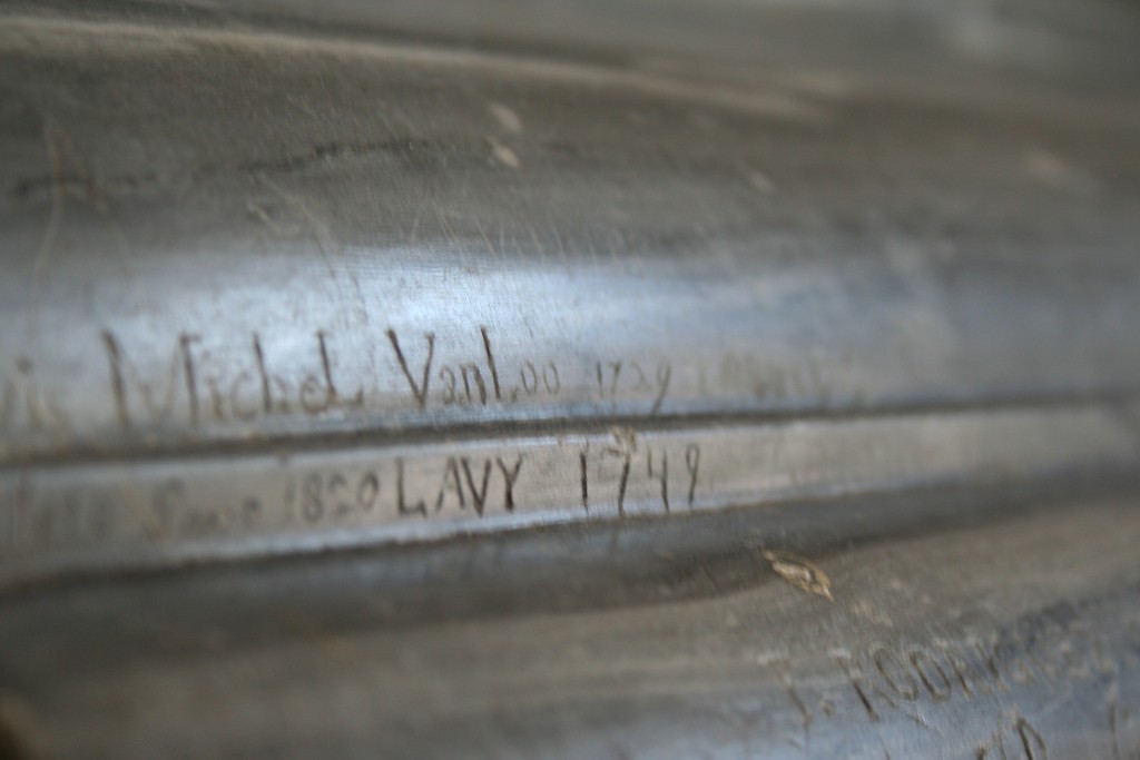 Fig. 3. Louis Michel Van Loo’s signature from 1729 carved into the marble mantel in the Heliodorus Room, Vatican Palace, Rome. Photo by the author.