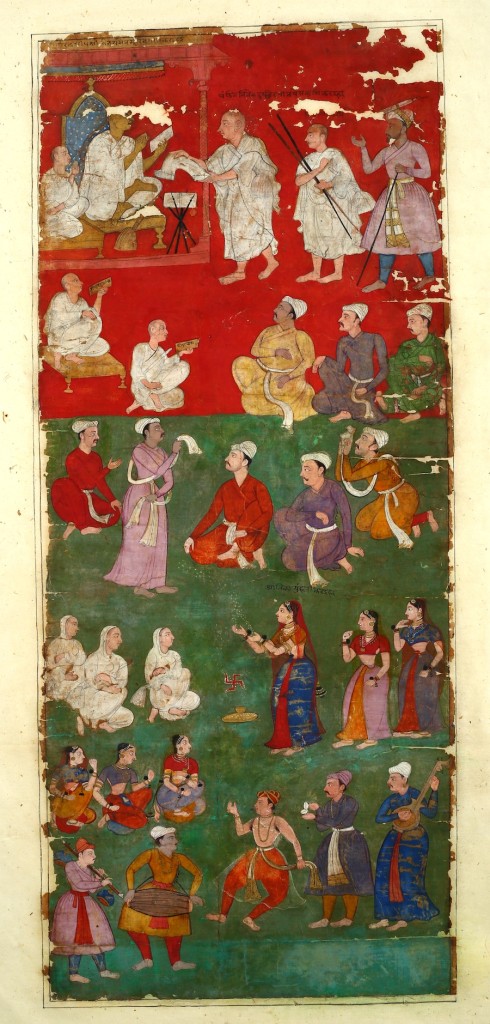 Fig. 6. Salivahana, Receipt of the scroll by Jain Pontiff Vijaysena Suri, Detail from Agra Vijnaptipatra, 1610, Opaque Watercolor and ink on paper, 284.7 x 32.2 cm. Ahmedabad: Lalbhai Dalpatbhai Museum (Acc.no.LDII.542 (Detail)). © Image: Courtesy of Lalbhai Dalpatbhai Museum.