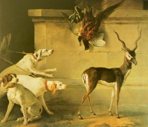 Fig. 14. Jean-Baptiste Oudry (and studio?), Indian Blackbuck, Three Dogs and Pheasants, oil on canvas, 1745. Blessington Collection, Russborough House, Ireland. Image used with permission of Russborough House.