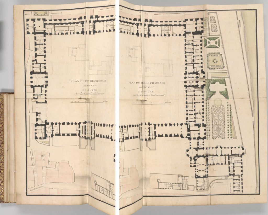 Figs 2a and 2b. Antoine-François and Maximilien Brébion, Plan of the ground floor of the Cour Carrée with mezzanines, “Département de Paris: Recüeil des plans du Palais des Thuilleries & des hotels qui en dépendent”, Plan 4, ink and wash on paper, 1747. The Morgan Library & Museum. 1955.11. Gift of Mr. Junius S. Morgan and Mr. Henry S. Morgan.