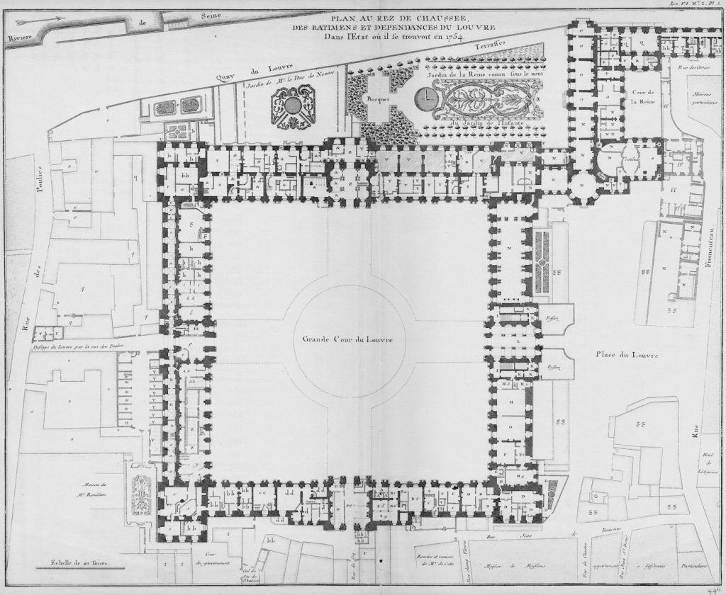 Fig.3. “Plan au rez de chaussée des bâtimens et dépendances du Louvre dans l’état où ils se trouvent en 1754,” 1754. Etching on paper, published as plate V in Jacques-François Blondel, L’Architecture française, tome 4 (Paris: Jombert, 1752-1756). Image source: Wikimedia Commons.