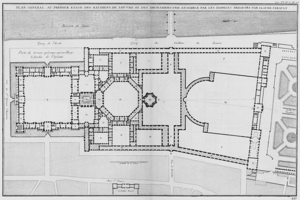 Fig.4. “Plan general, au premier étage, des batimens du Louvre et des Thuilleries, unis ensemble par les édifices projetés par Claude Perault,” 1754. Etching on paper, published as plate I in Jacques-François Blondel, L’Architecture française, tome 4 (Paris: Jombert, 1752-1756). Image source: Wikimedia Commons.