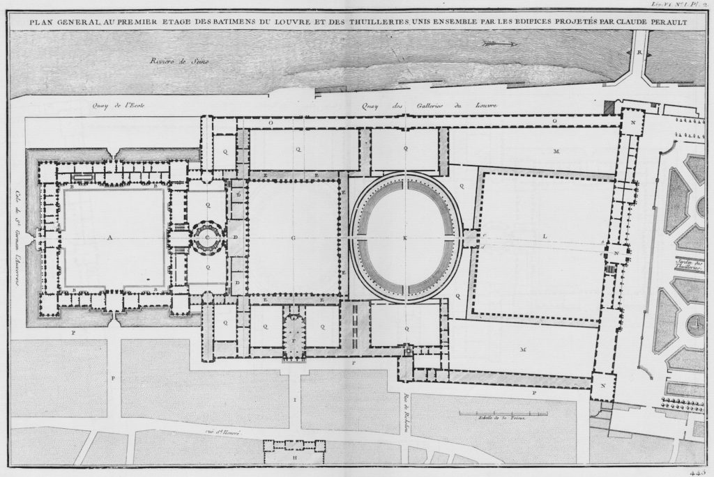 Fig.5. “Plan general, au premier étage, des batimens du Louvre et des Thuilleries, unis ensemble par les édifices projetés par Claude Perault,” 1754. Etching on paper, published as plate II in Jacques-François Blondel, L’Architecture française, tome 4 (Paris: Jombert, 1752-1756). Image source: Wikimedia Commons.