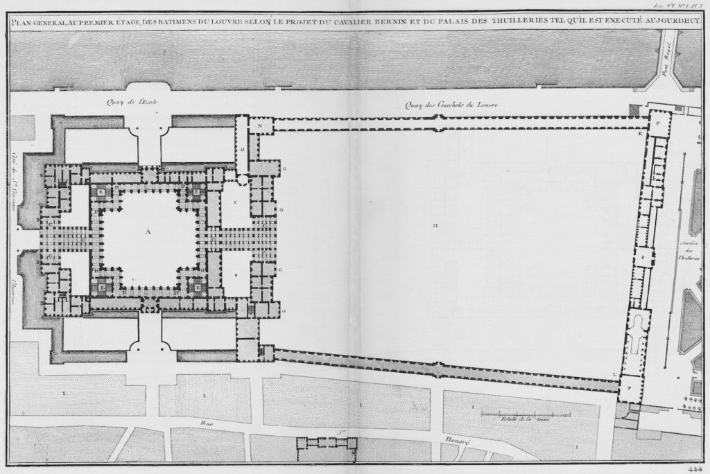 Fig.6. “Plan géneral, au premier étage, des batimens du Louvre selon le projet du cavalier Bernin et du palais des Thuilleries tel qu’il est executé aujourd’huy,” 1754. Etching on paper, published as plate III in Jacques-François Blondel, L’Architecture française, tome 4 (Paris: Jombert, 1752-1756). Image source: Wikimedia Commons.