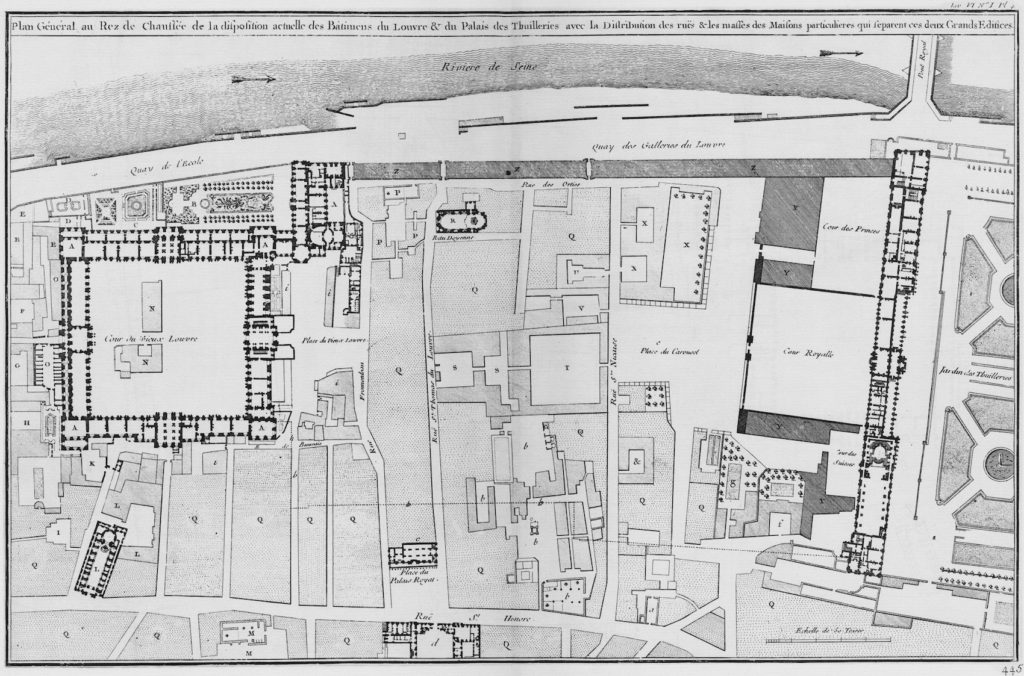 Fig.7. “Plan Général, au rez de Chaussé de la disposition actuelle des Bâtimens du Louvre & du Palais des Thuilleries avec la Distribution des rues & les masses des Maisons particulières qui séparent ces deux grands Edifices,” c. 1754. Etching on paper, published as plate IV in Jacques-François Blondel, L’Architecture française, tome 4 (Paris: Jombert, 1752-1756). Image source: Wikimedia Commons.