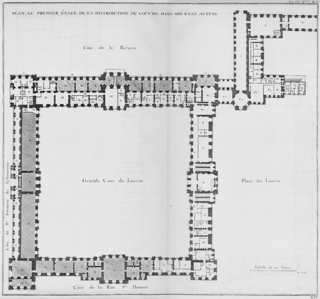 Fig.8. “PLAN, AU PREMIER ETAGE, DE LA DISTRIBUTION DU LOUVRE DANS SON ETAT ACTUEL,” 1754. Etching on paper, published as plate VI in Jacques-François Blondel, L’Architecture française, tome 4 (Paris: Jombert, 1752-1756). Image source: Wikimedia Commons.