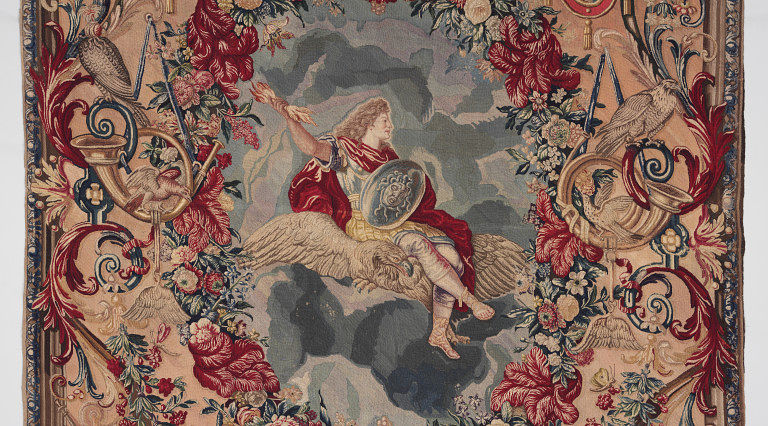 French workshop after designs by Charles Le Brun, Detail of 'Air' [allegorical portrait of Louis XIV as Air from a set depicting the four elements] , 1683-c.1690, linen canvas hanging embroidered in wools and silks. © Victoria and Albert Museum, London.