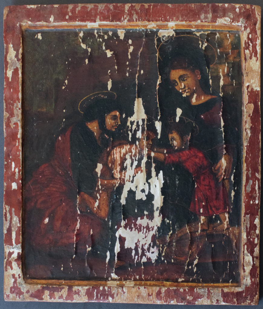 Fig. 1. Unidentified Ethiopian artist, The Little Holy Family (ቅዱስ ቤተሰብ), c. 18th century. Unknown paint on wood panel, 36.5 x 32 x 1.5 cm. Musée du Quai Branly-Jacques Chirac, 71.1931.3600. Photograph by the author, 2015.